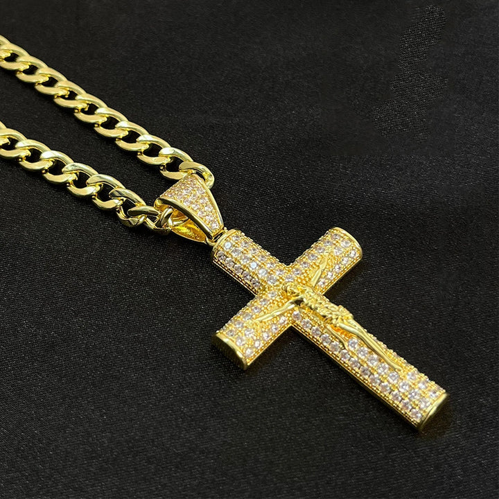 BlessingTree Iced Out Crucifix Pendant Necklace Gold Plated Zircon Cuban Link Chain