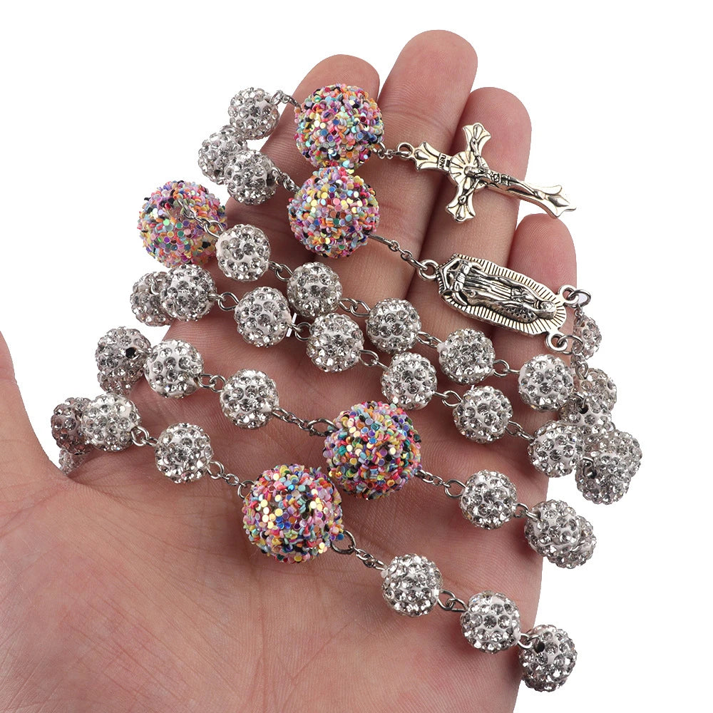 BlessingTree Our Lady of Guadalupe & Crucifix Rosary with 10mm White Rhinestone Beads