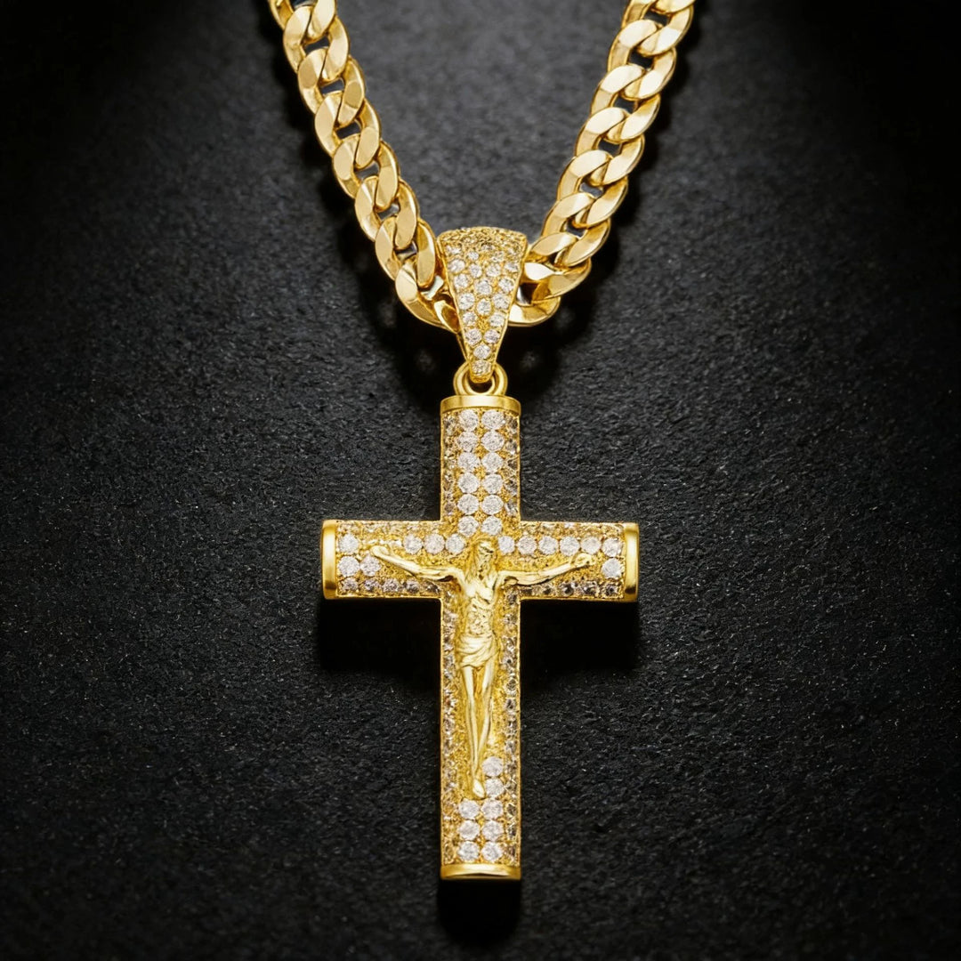 BlessingTree Iced Out Crucifix Pendant Necklace Gold Plated Zircon Cuban Link Chain