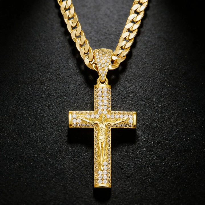BlessingTree Iced Out Crucifix Pendant Necklace Gold Plated Zircon Cuban Link Chain