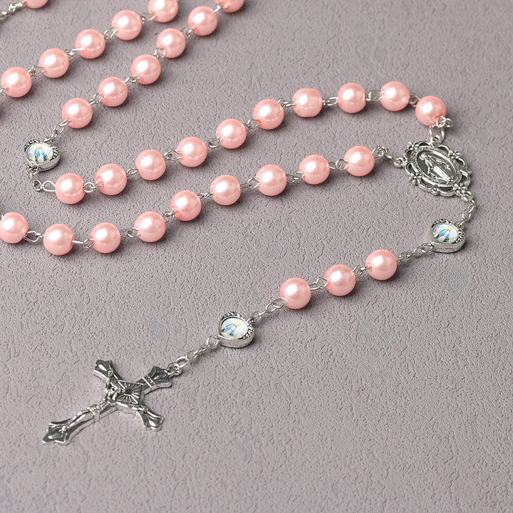 BlessingTree Elegant Pink Pearl Rosary Necklace with Classic Crucifix