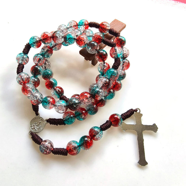 BlessingTree Colorful Crackle Bead Rosary, 10 mm Acrylic Beads with Hand Knotted Cord, Catholic Prayer Rosary