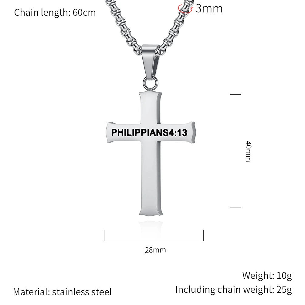 BlessingTree Philippians 4:13 Cross Pendant Necklace Stainless Steel Scripture Christian