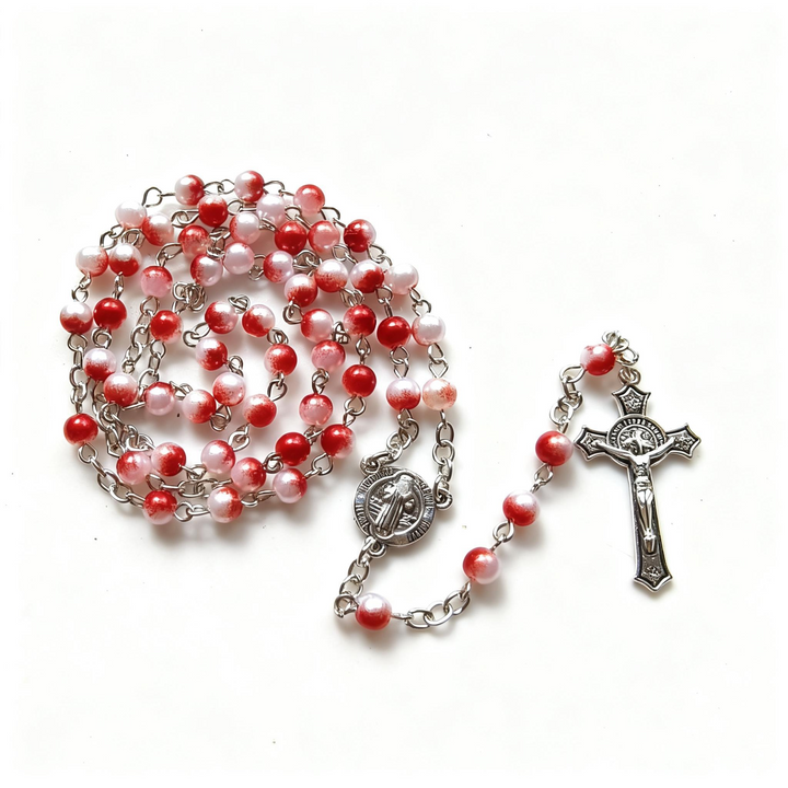 BlessingTree Red & White Pearl Rosary Necklace