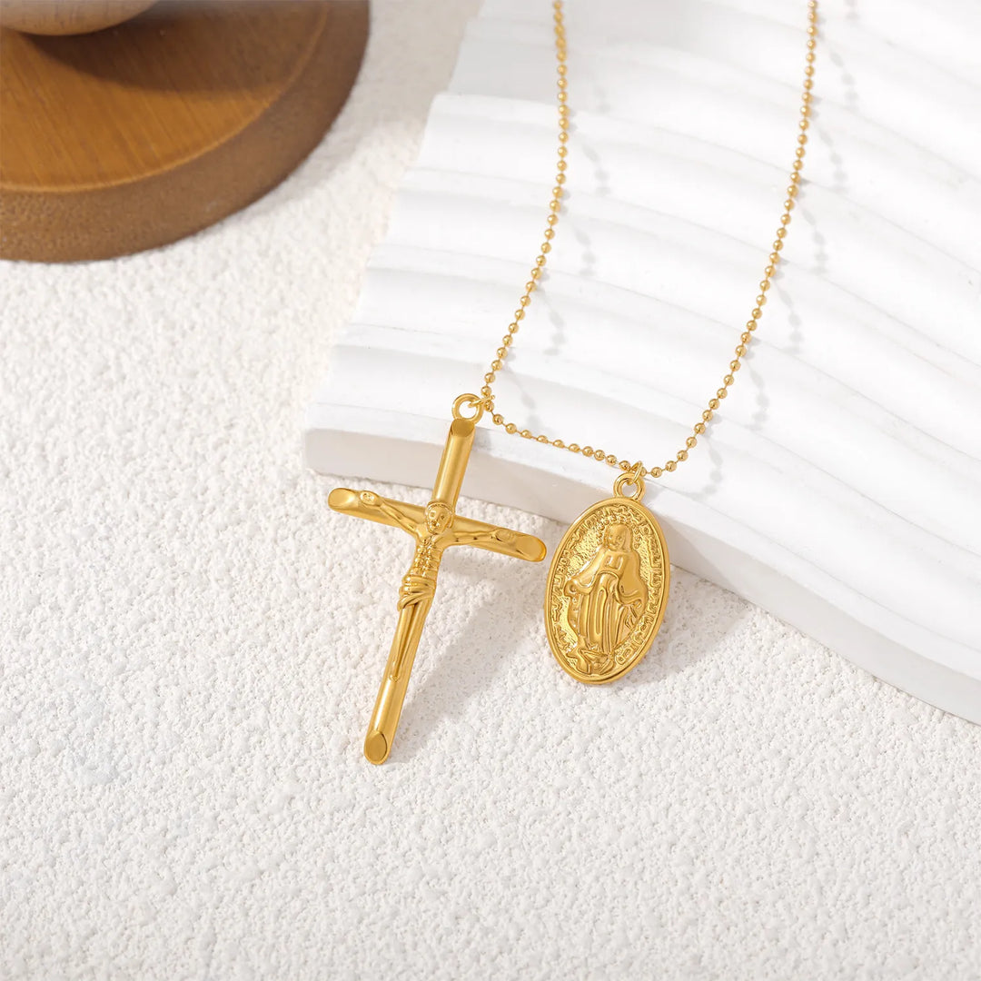 BlessingTree Virgin Mary Cross Necklace for Women with Ball Chain