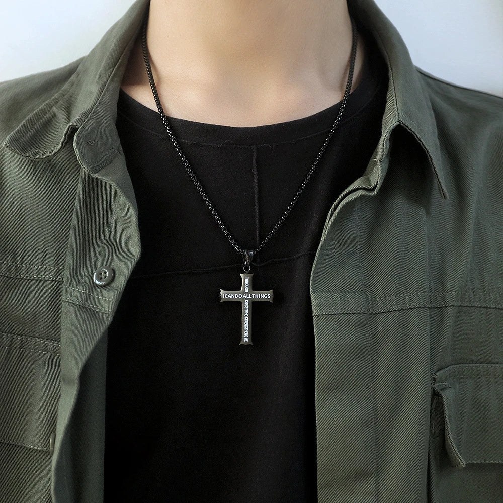 BlessingTree Philippians 4:13 Cross Pendant Necklace Stainless Steel Scripture Christian