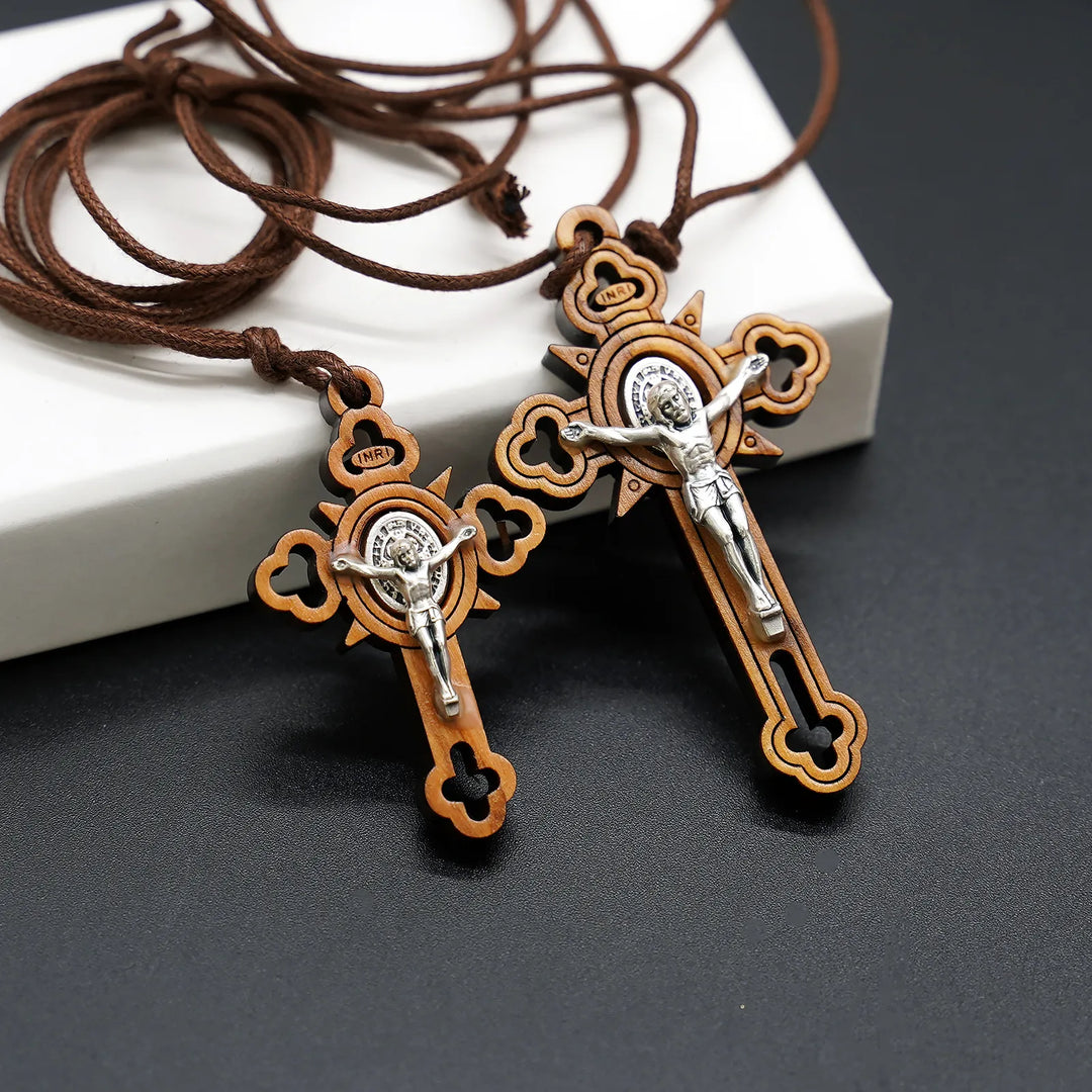 BlessingTree Saint Benedict Olive Wood Crucifix Necklace with Cutout Design