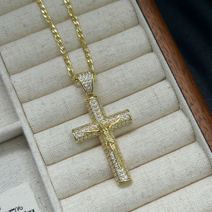 BlessingTree Iced Out Crucifix Pendant Necklace Gold Plated Zircon Cuban Link Chain