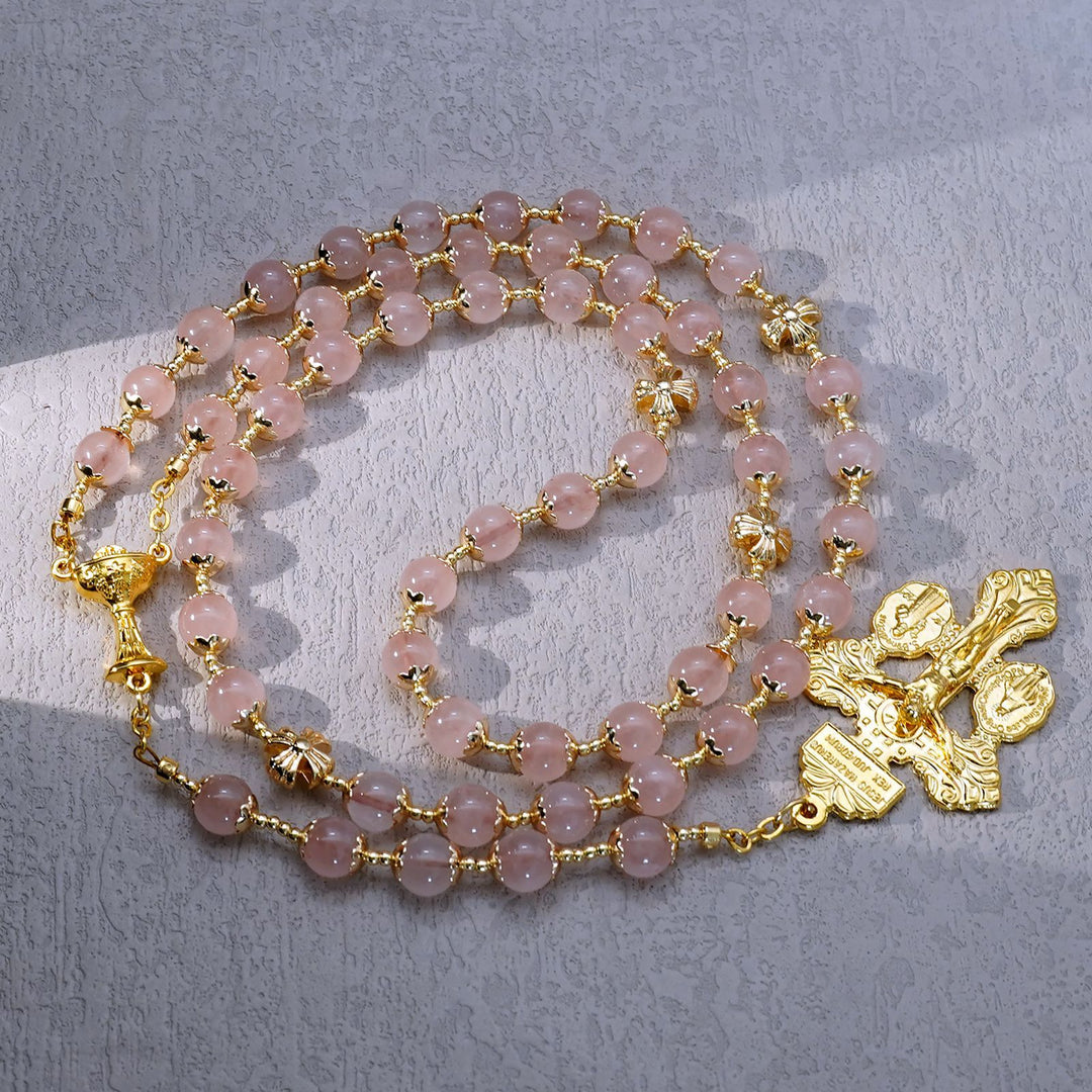 BlessingTree 8 mm Rose Quartz Rosary with Chalice and Forgiveness Cross