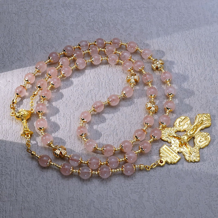 BlessingTree 8 mm Rose Quartz Rosary with Chalice and Forgiveness Cross