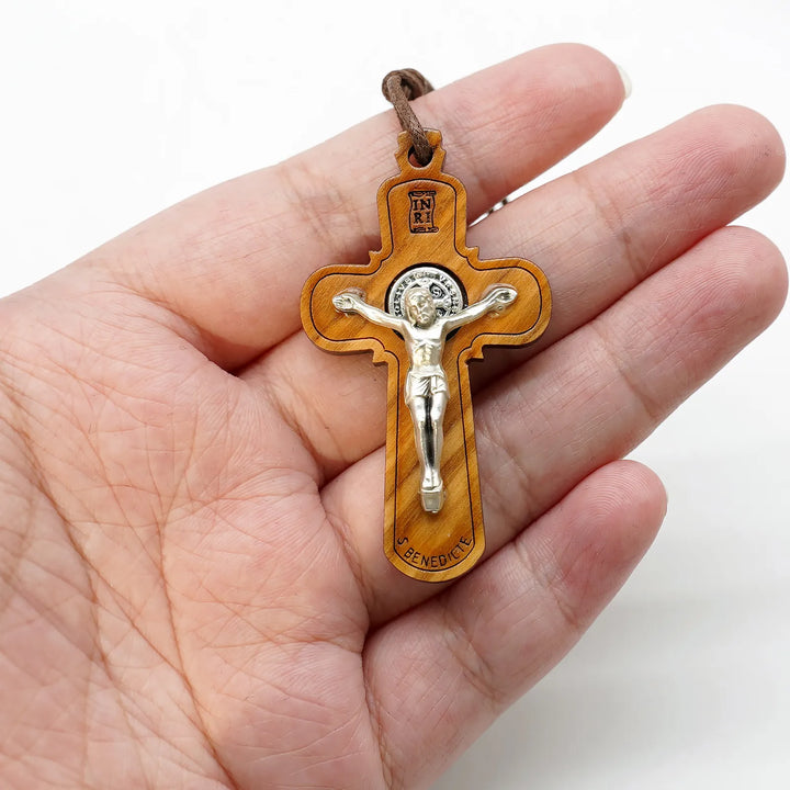 BlessingTree Saint Benedict Olive Wood Crucifix Necklace with Cord