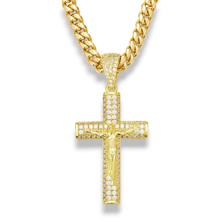BlessingTree Iced Out Crucifix Pendant Necklace Gold Plated Zircon Cuban Link Chain
