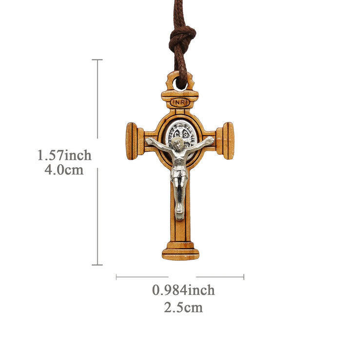 BlessingTree Saint Benedict Gothic Olive Wood Crucifix Necklace with Cord