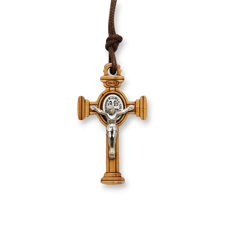 BlessingTree Saint Benedict Gothic Olive Wood Crucifix Necklace with Cord