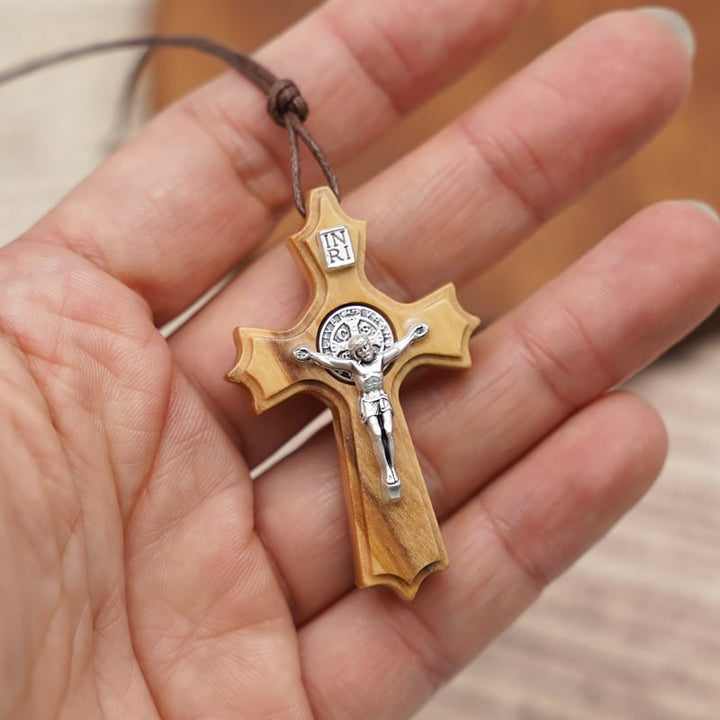BlessingTree Olive Wood St. Benedict Crucifix Pendant with INRI