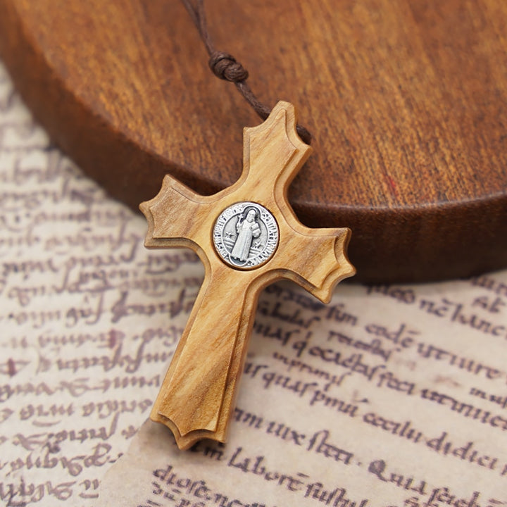 BlessingTree Olive Wood St. Benedict Crucifix Pendant with INRI