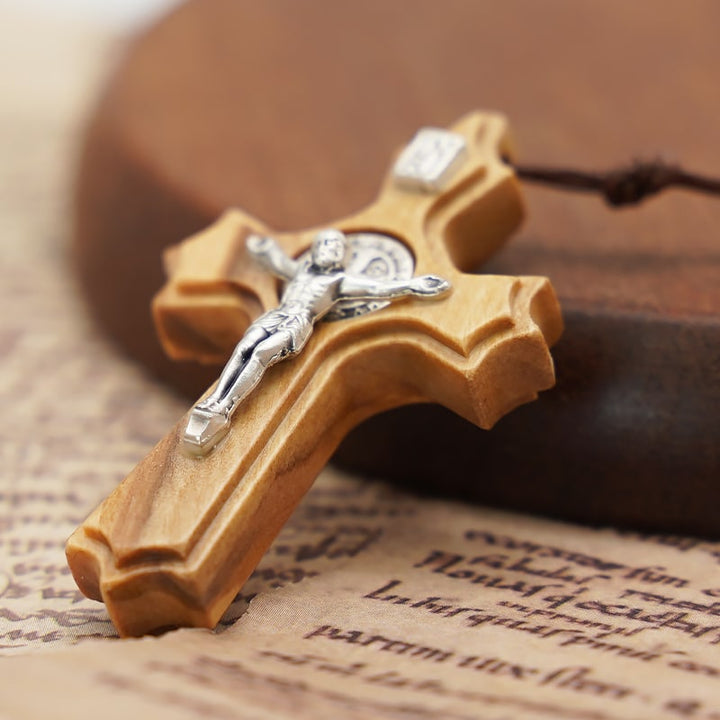 BlessingTree Olive Wood St. Benedict Crucifix Pendant with INRI
