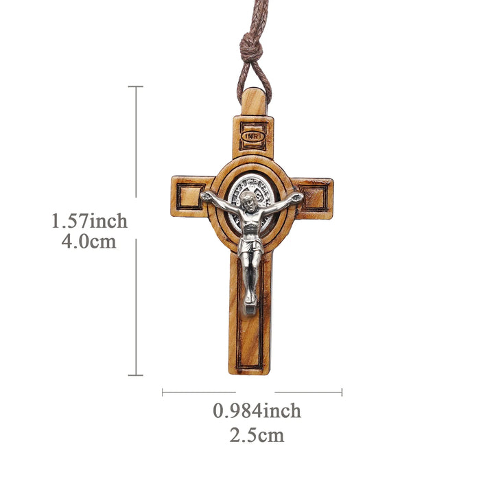 BlessingTree Olive Wood Saint Benedict Cross Necklace, Hand Polished Catholic Crucifix with Cord