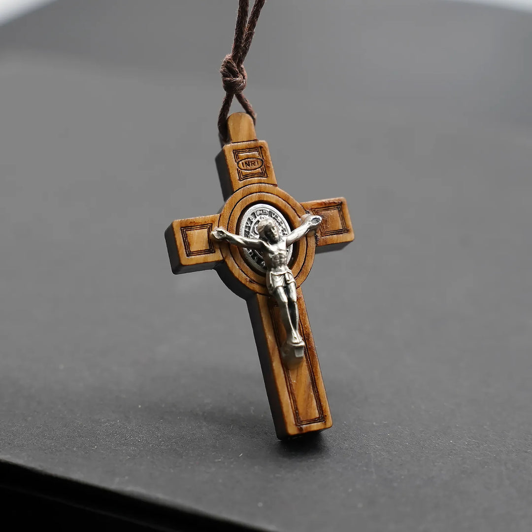 BlessingTree Olive Wood Saint Benedict Cross Necklace, Hand Polished Catholic Crucifix with Cord