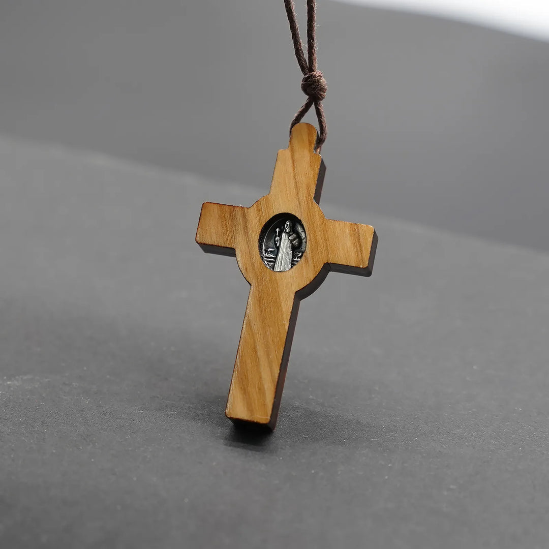 BlessingTree Olive Wood Saint Benedict Cross Necklace, Hand Polished Catholic Crucifix with Cord