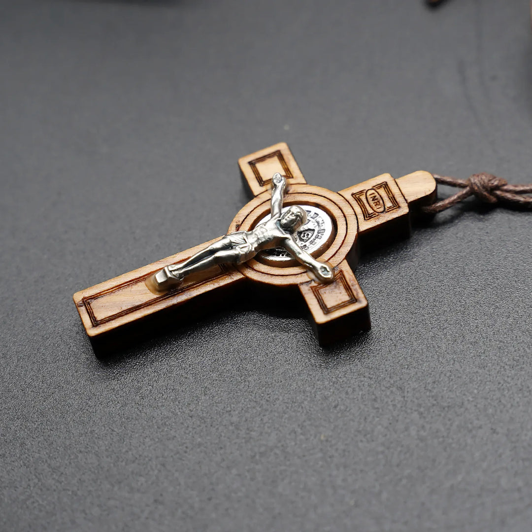 BlessingTree Olive Wood Saint Benedict Cross Necklace, Hand Polished Catholic Crucifix with Cord