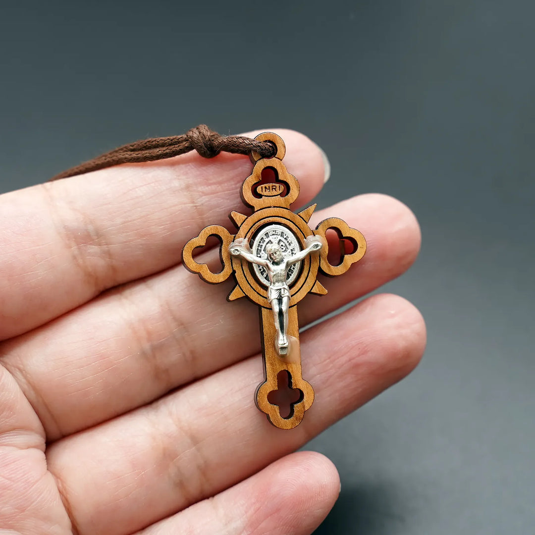 BlessingTree Saint Benedict Olive Wood Crucifix Necklace with Cutout Design