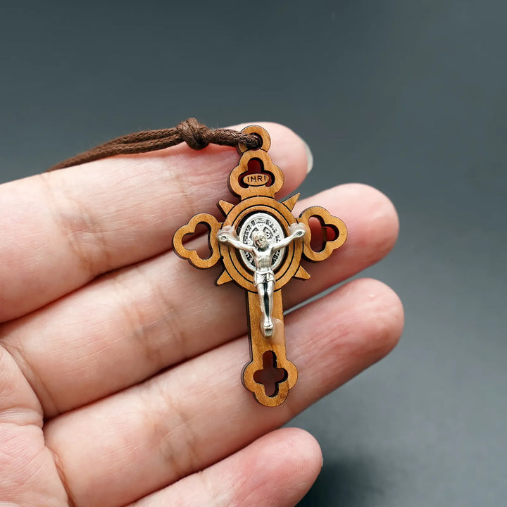 BlessingTree Saint Benedict Olive Wood Crucifix Necklace with Cutout Design