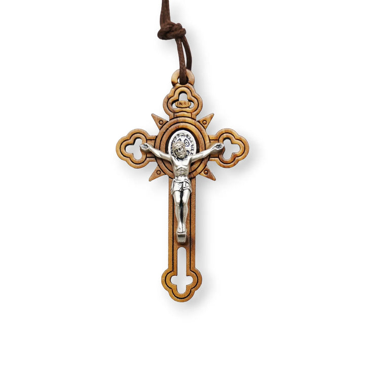 BlessingTree Saint Benedict Olive Wood Crucifix Necklace with Cutout Design