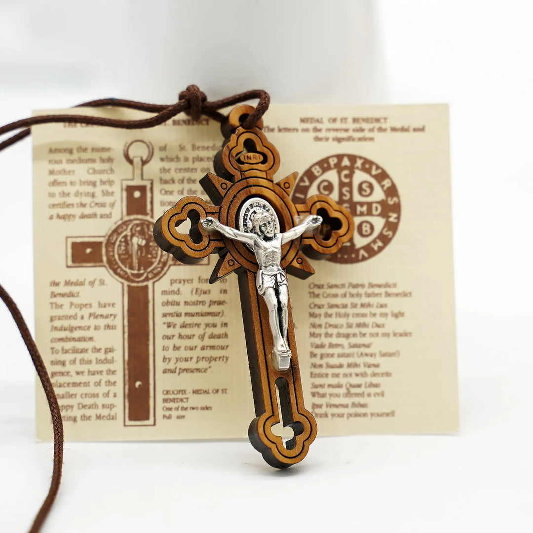 BlessingTree Saint Benedict Olive Wood Crucifix Necklace with Cutout Design