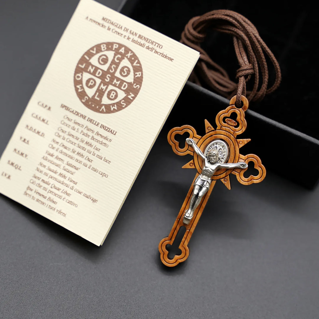 BlessingTree Saint Benedict Olive Wood Crucifix Necklace with Cutout Design