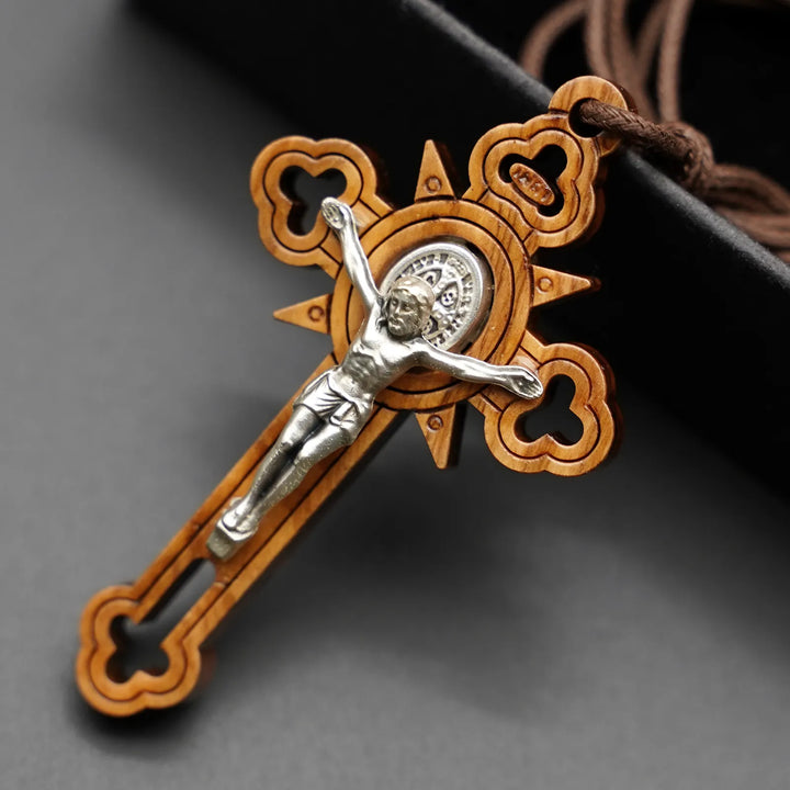 BlessingTree Saint Benedict Olive Wood Crucifix Necklace with Cutout Design