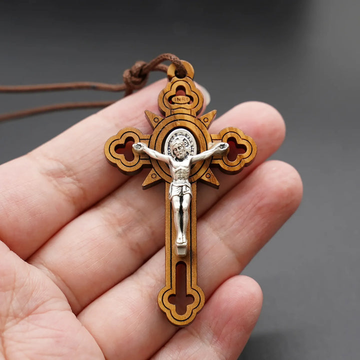 BlessingTree Saint Benedict Olive Wood Crucifix Necklace with Cutout Design