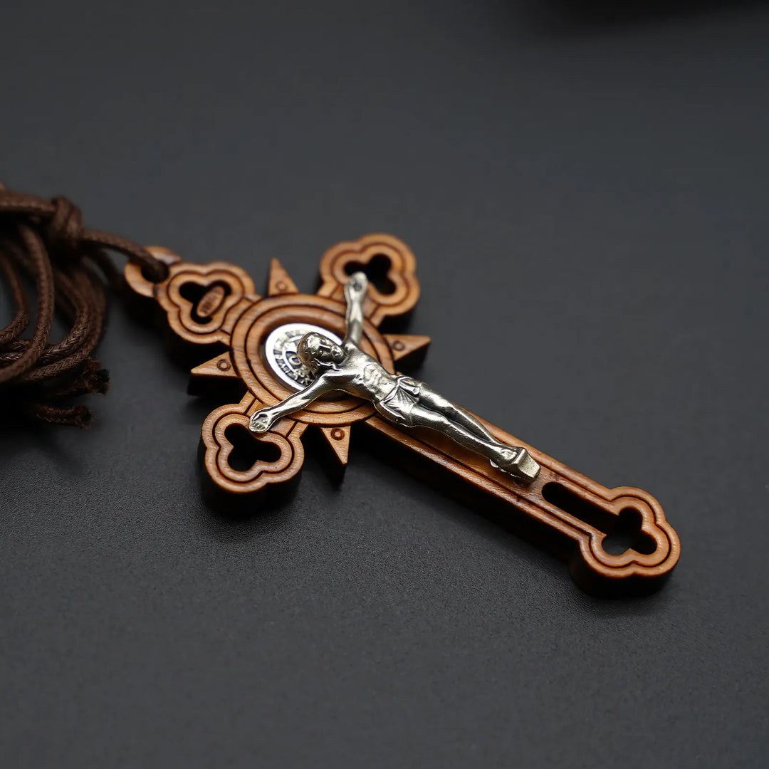 BlessingTree Saint Benedict Olive Wood Crucifix Necklace with Cutout Design