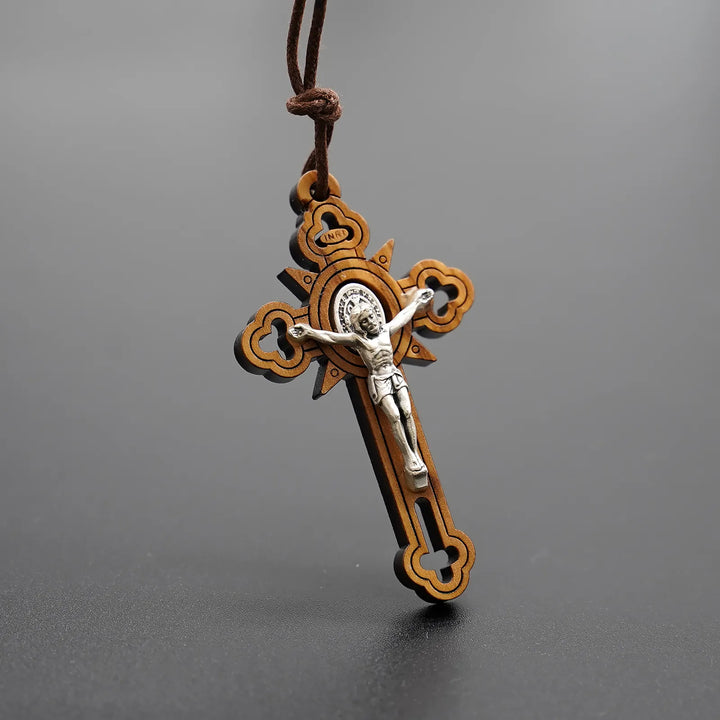 BlessingTree Saint Benedict Olive Wood Crucifix Necklace with Cutout Design