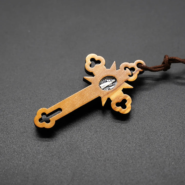 BlessingTree Saint Benedict Olive Wood Crucifix Necklace with Cutout Design