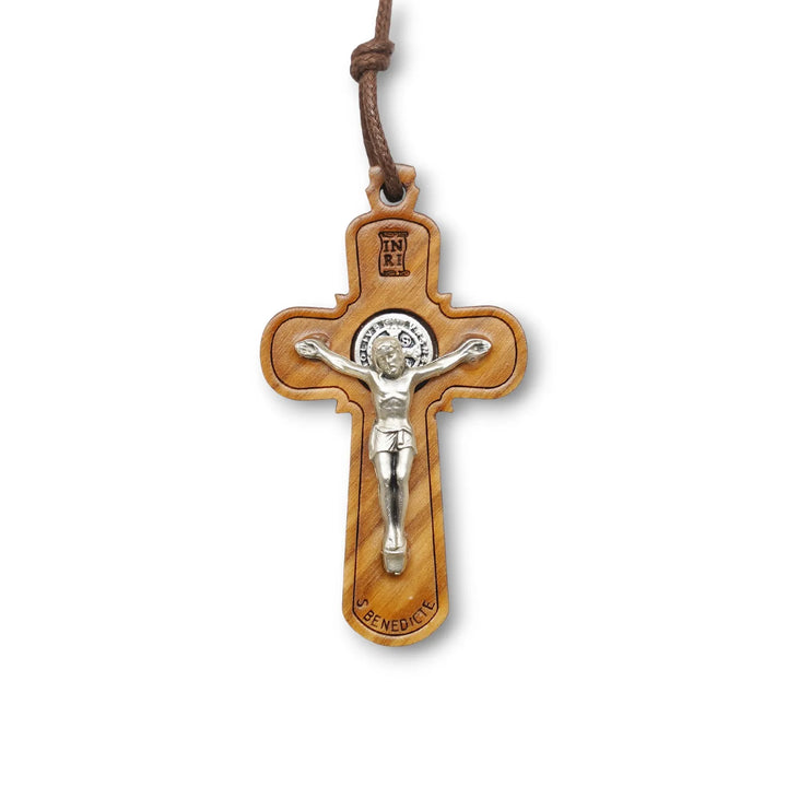 BlessingTree Saint Benedict Olive Wood Crucifix Necklace with Cord