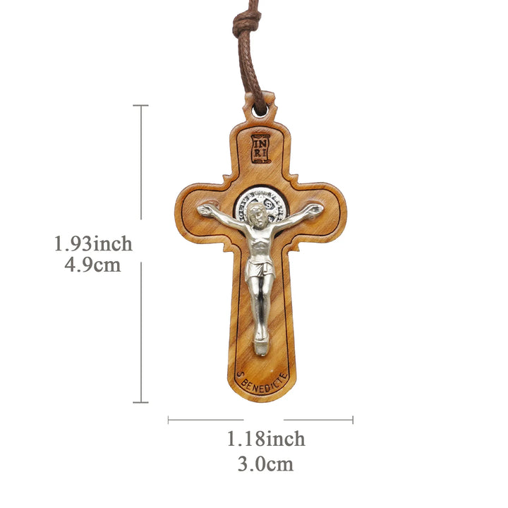 BlessingTree Saint Benedict Olive Wood Crucifix Necklace with Cord