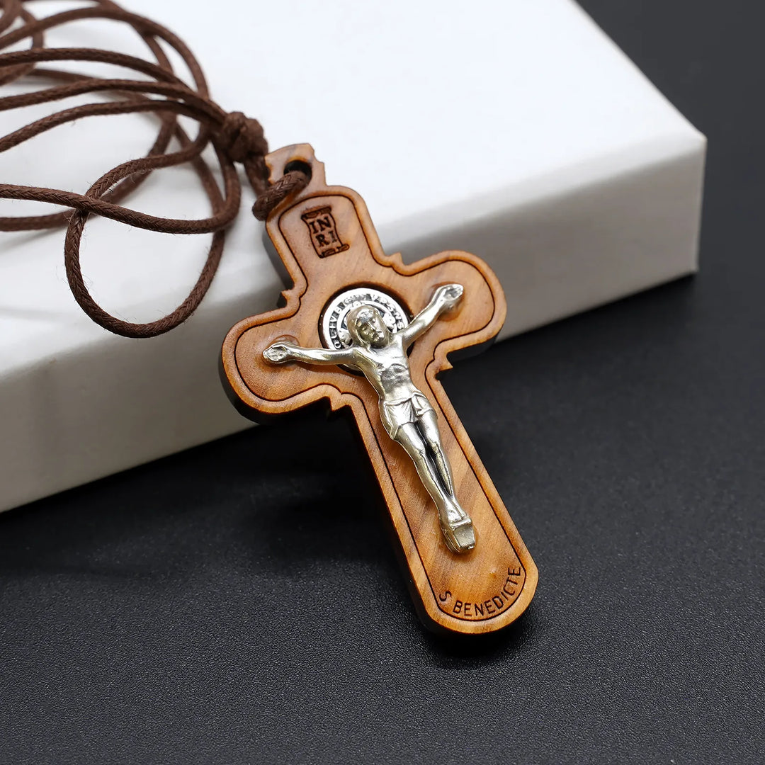 BlessingTree Saint Benedict Olive Wood Crucifix Necklace with Cord