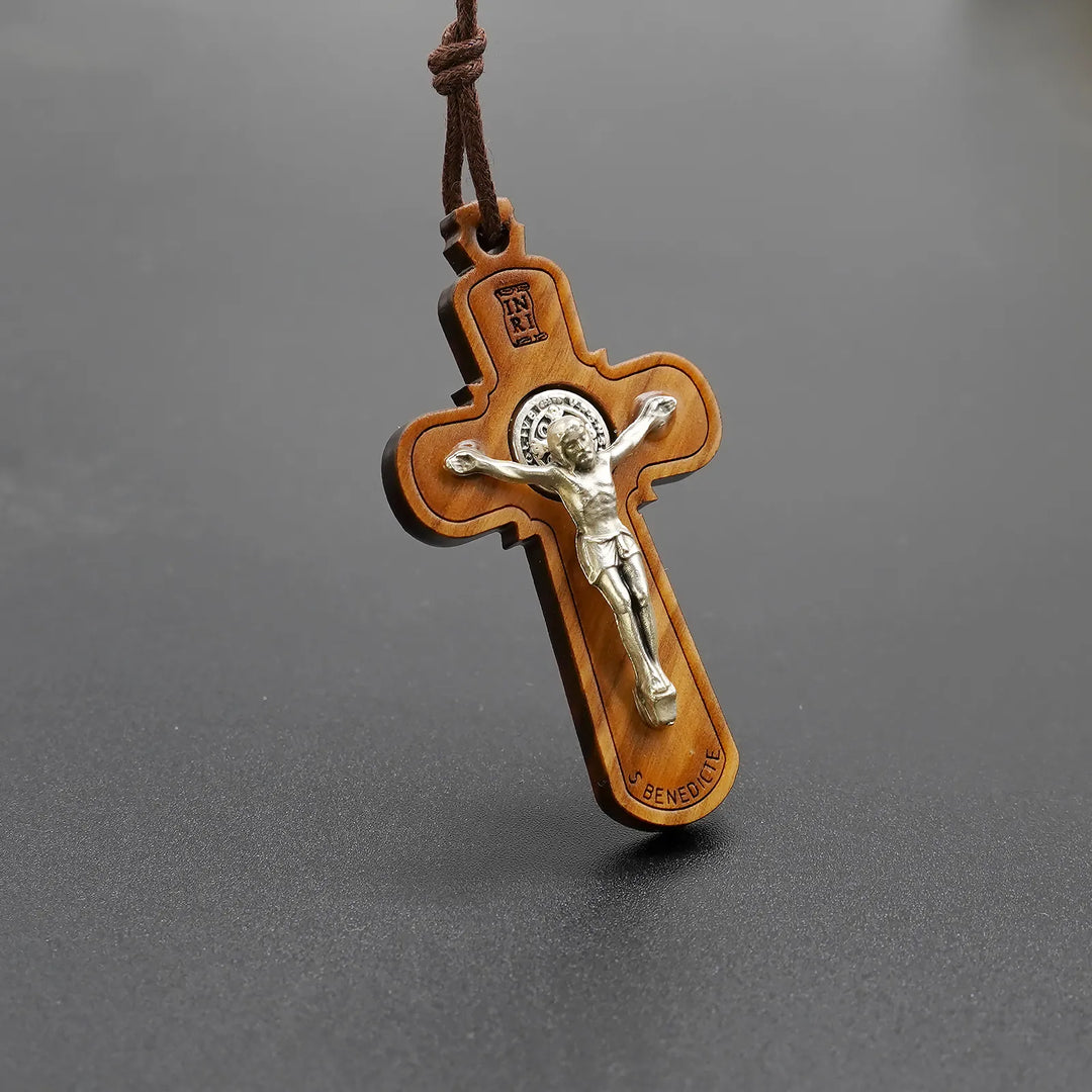 BlessingTree Saint Benedict Olive Wood Crucifix Necklace with Cord