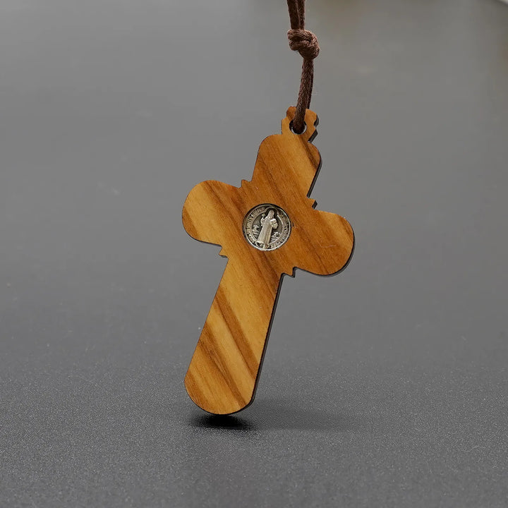 BlessingTree Saint Benedict Olive Wood Crucifix Necklace with Cord