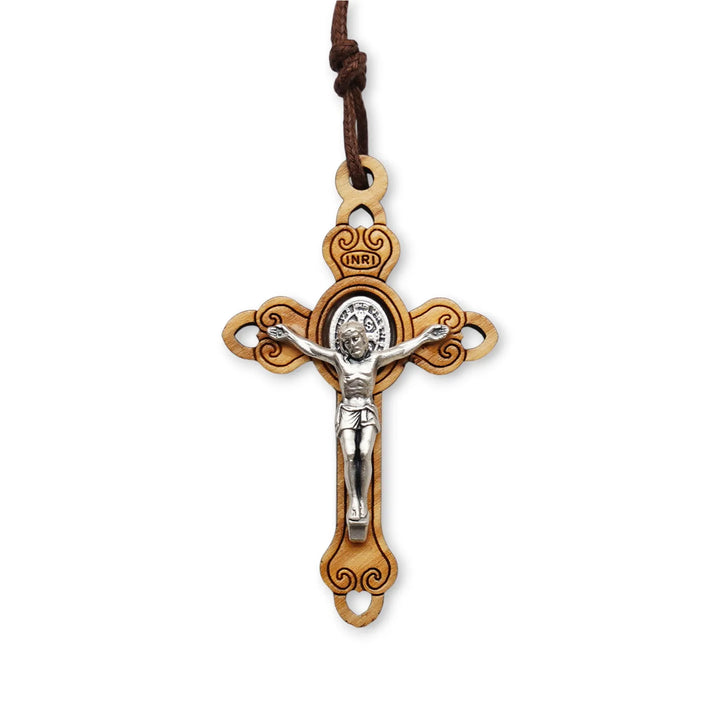 BlessingTree St. Benedict Olive Wood Crucifix Necklace with Cord Handcrafted Design
