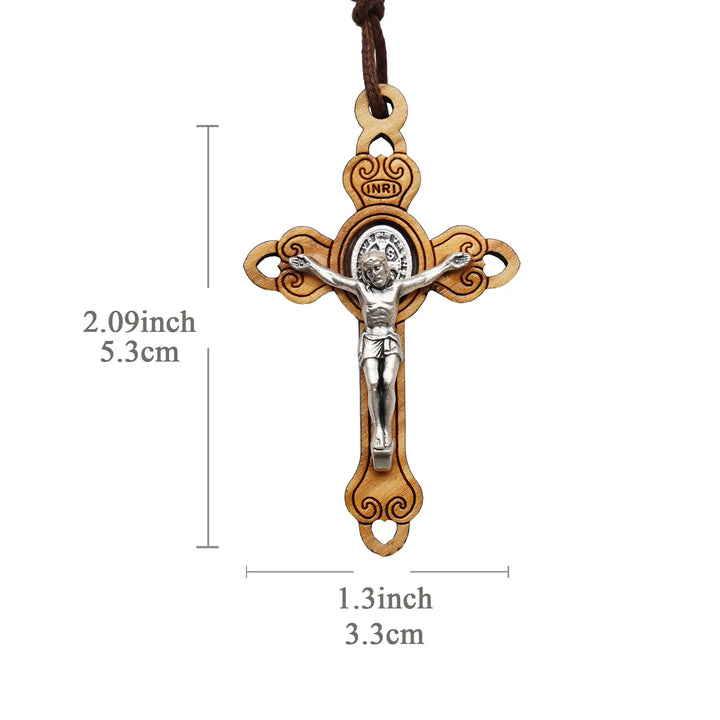 BlessingTree St. Benedict Olive Wood Crucifix Necklace with Cord Handcrafted Design