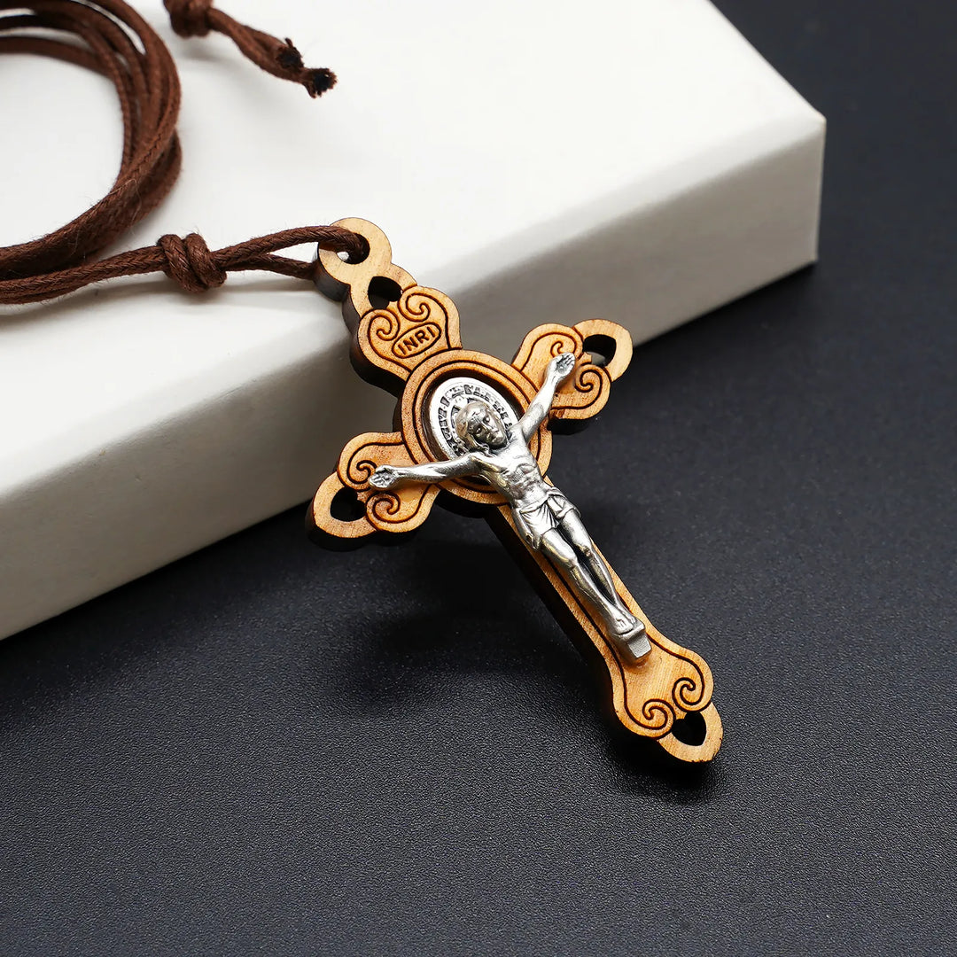 BlessingTree St. Benedict Olive Wood Crucifix Necklace with Cord Handcrafted Design