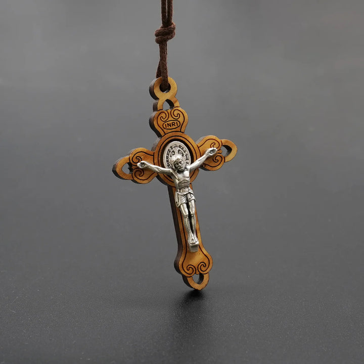 BlessingTree St. Benedict Olive Wood Crucifix Necklace with Cord Handcrafted Design