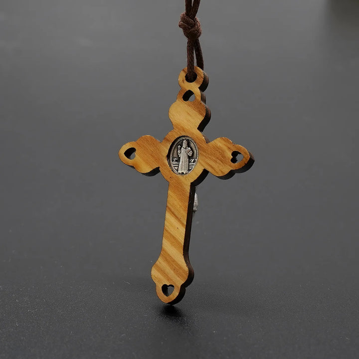 BlessingTree St. Benedict Olive Wood Crucifix Necklace with Cord Handcrafted Design