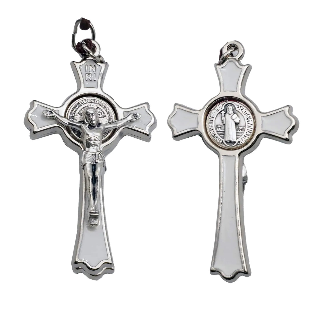 BlessingTree Saint Benedict Crucifix Pendant White Enamel Catholic Cross Necklace