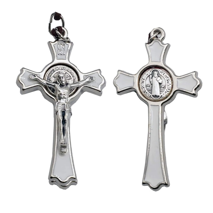 BlessingTree Saint Benedict Crucifix Pendant White Enamel Catholic Cross Necklace