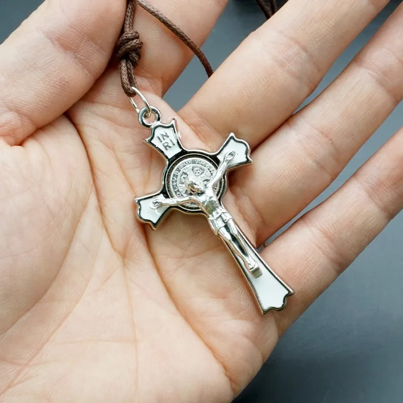 BlessingTree Saint Benedict Crucifix Pendant White Enamel Catholic Cross Necklace