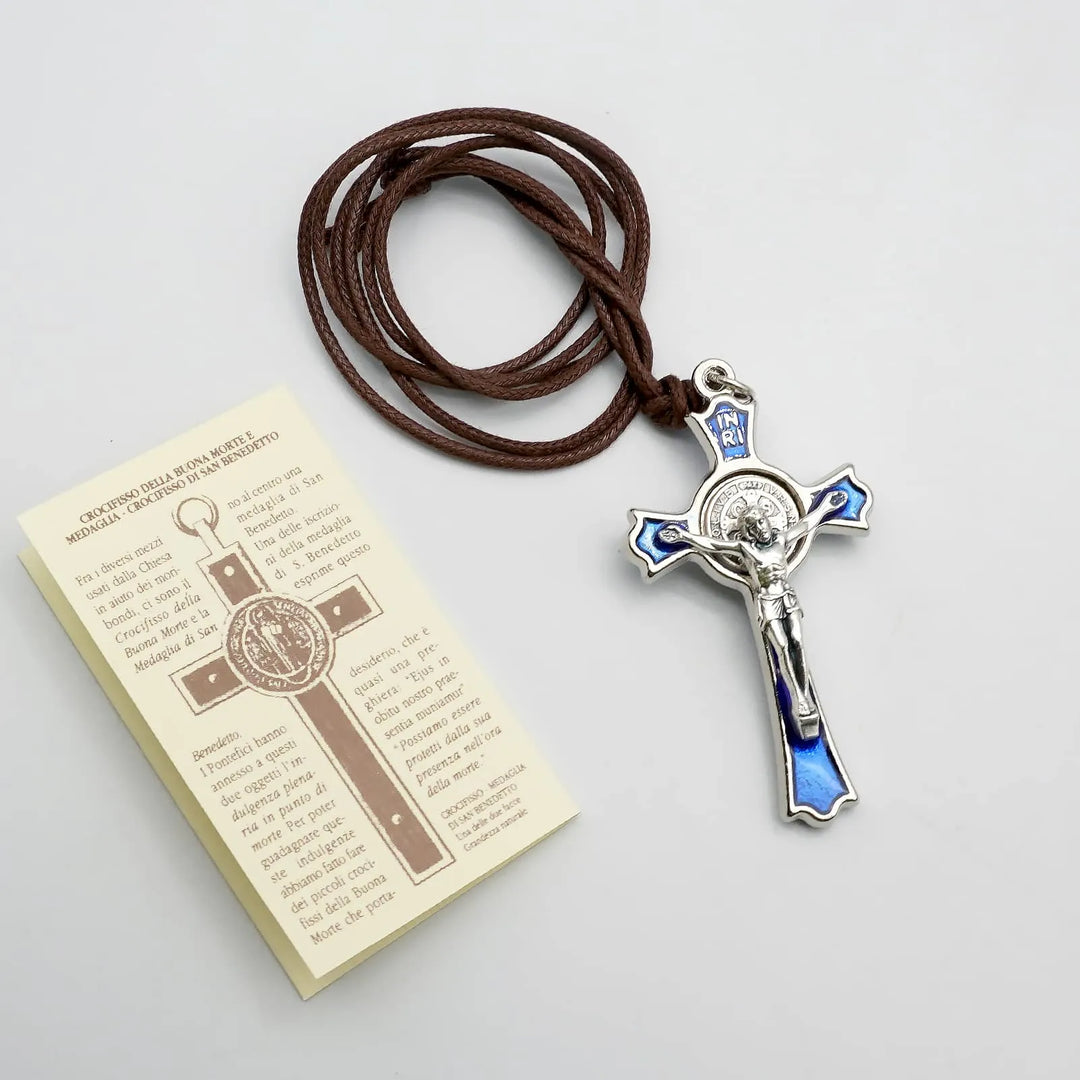 BlessingTree Saint Benedict Crucifix Pendant with Blue Enamel and Brown Cord