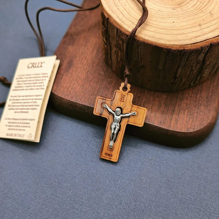BlessingTree Olive Wood Crucifix with Silver Alloy Corpus and INRI